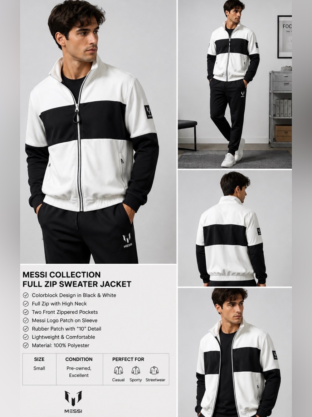 ✨Host pick✨ Messi Collection Men’s Black White Full Zip Sweater Jacket Size Smal